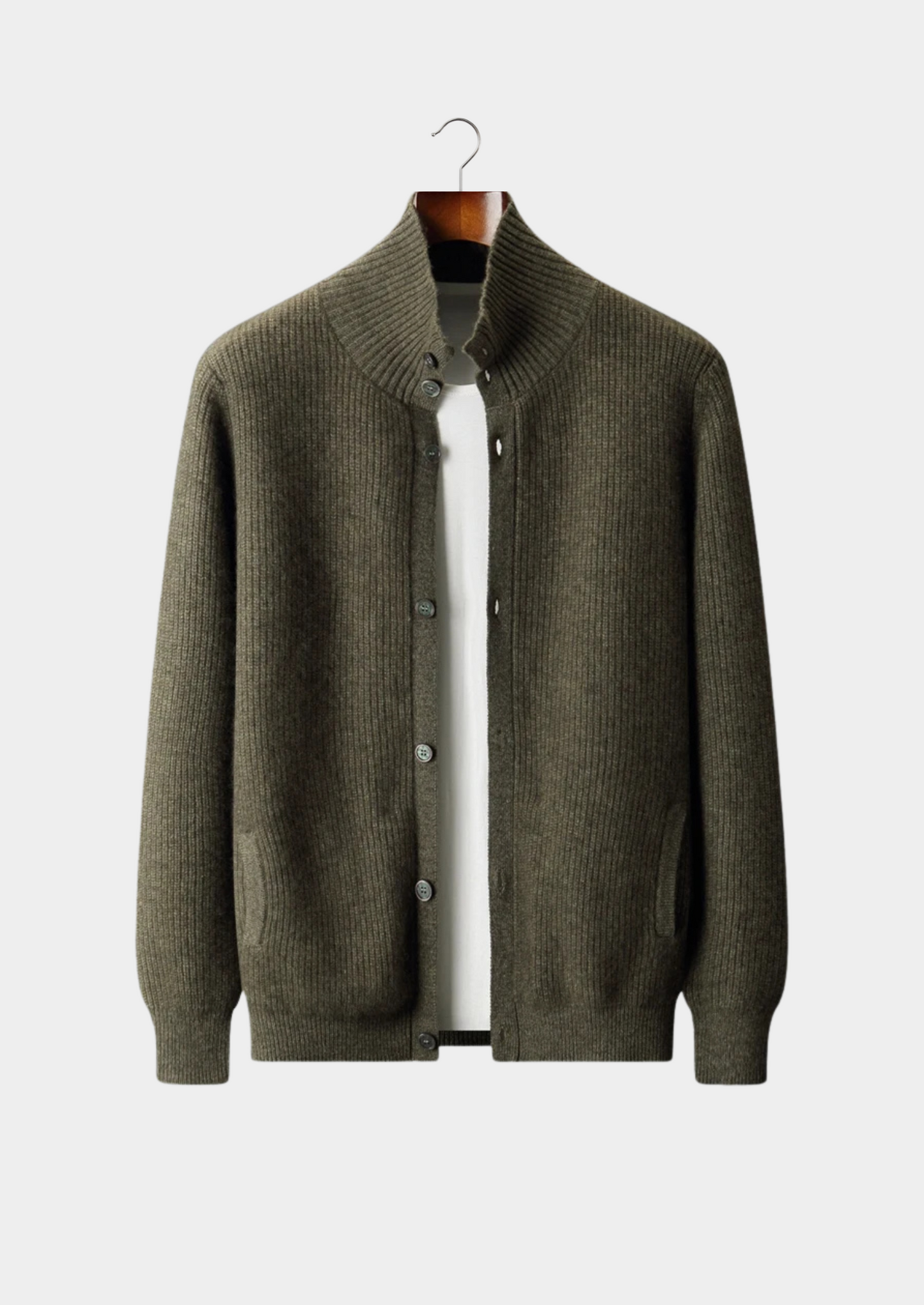 CASHMERE RIBBED HIGH COLLAR CARDIGAN