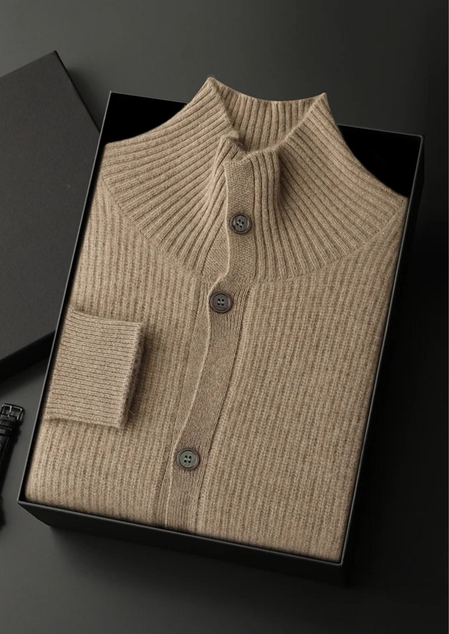 CASHMERE RIBBED HIGH COLLAR CARDIGAN
