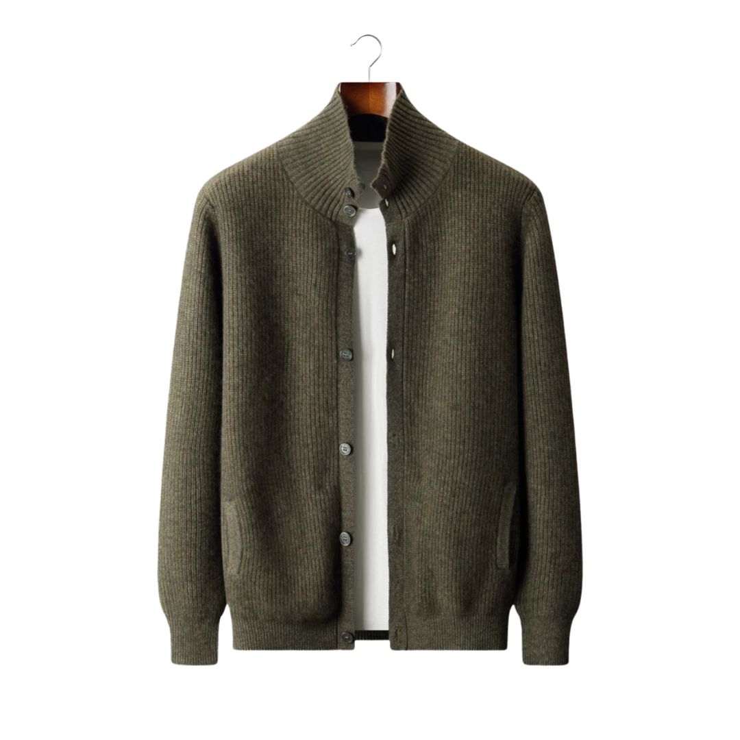 CASHMERE RIBBED HIGH COLLAR CARDIGAN