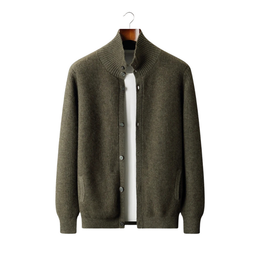 CASHMERE RIBBED HIGH COLLAR CARDIGAN